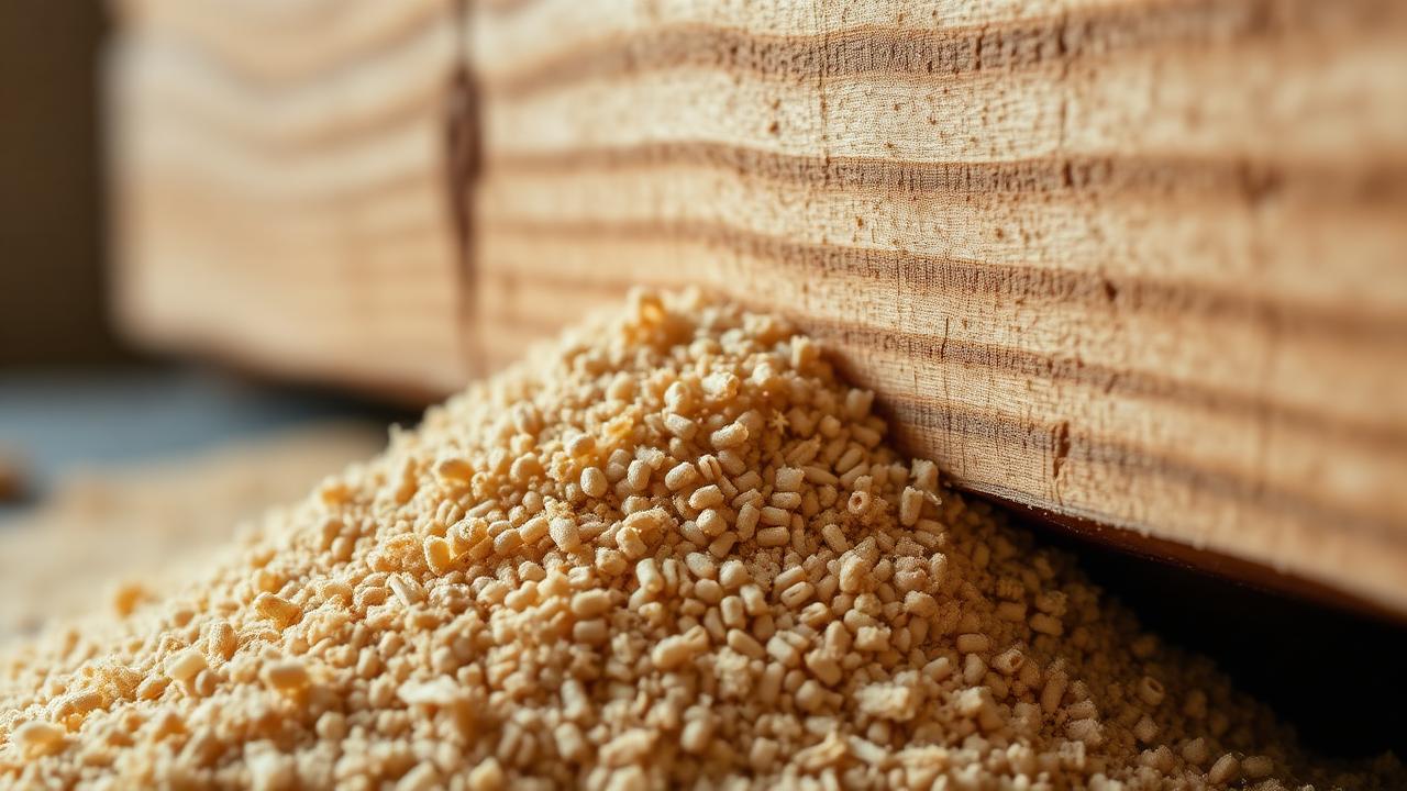 Vermoulure et sciure au pied d'une poutre infestée