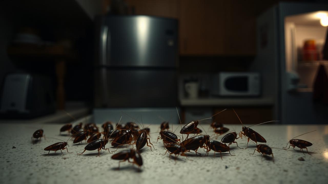 Coquerelles dans une cuisine la nuit