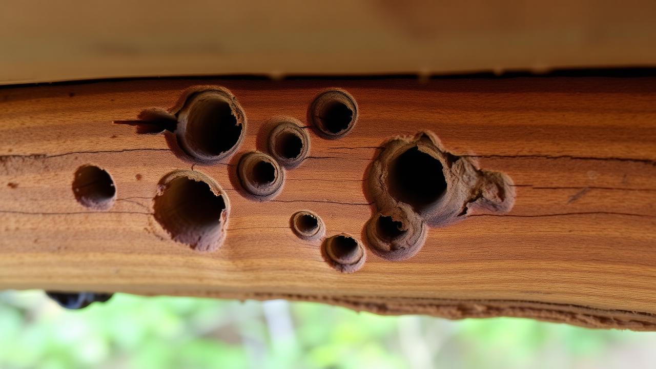 Galeries d'insectes xylophages dans une poutre de bois